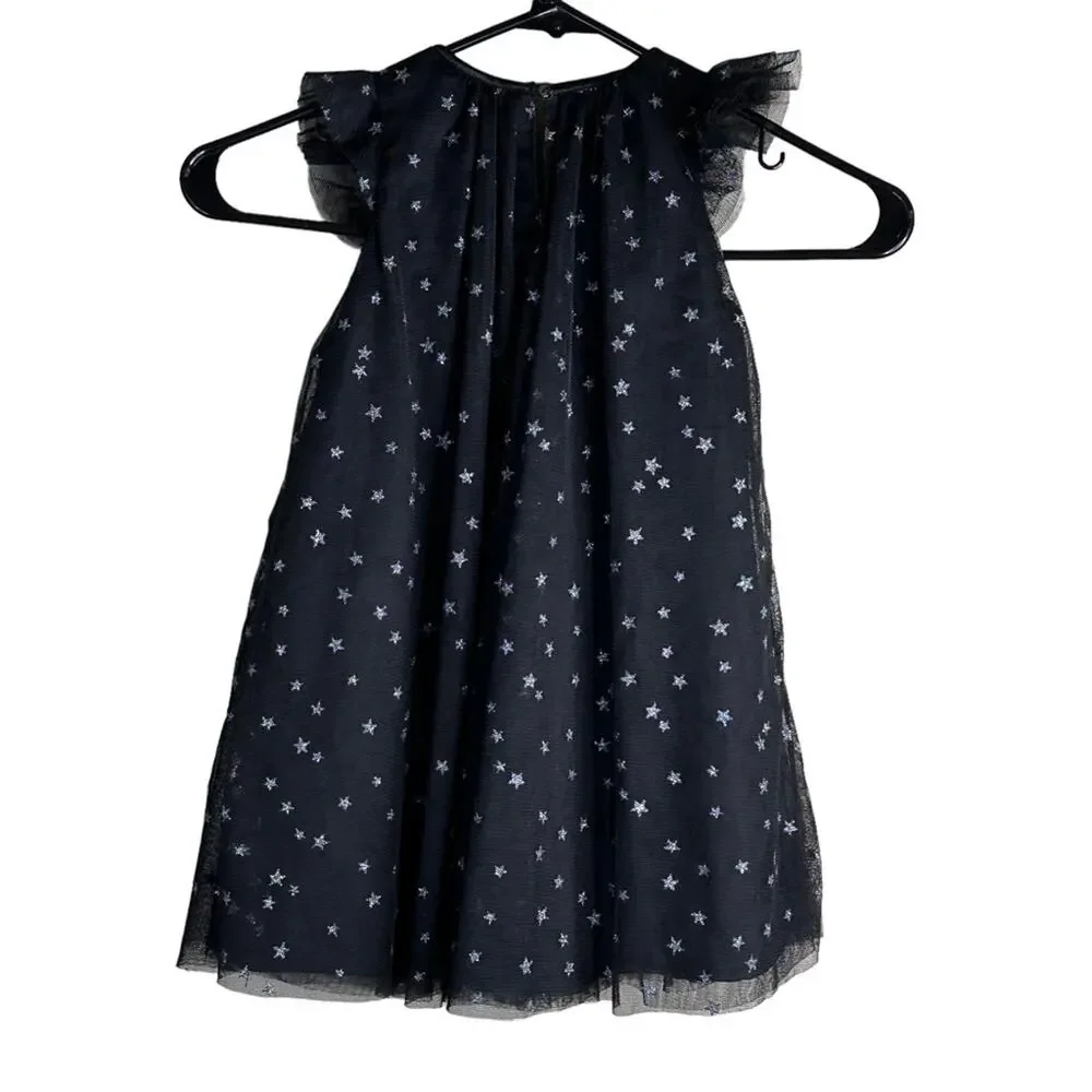 H&M Tulle Midi Dress Silver Star Print Ruffle Shoulders A-Line Lined Black 3-4Y